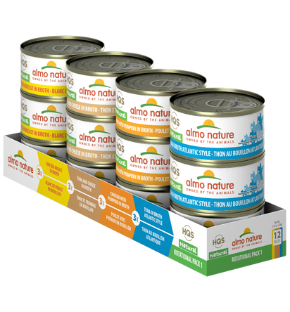 Almo Nature HQS Natural Chicken Breast, Tuna & Cheese, Chicken with Pumpkin, Atlantic Tuna Rotational Pack Adult Grain-Free Wet Cat Food, 2.47-oz, 12-pack
