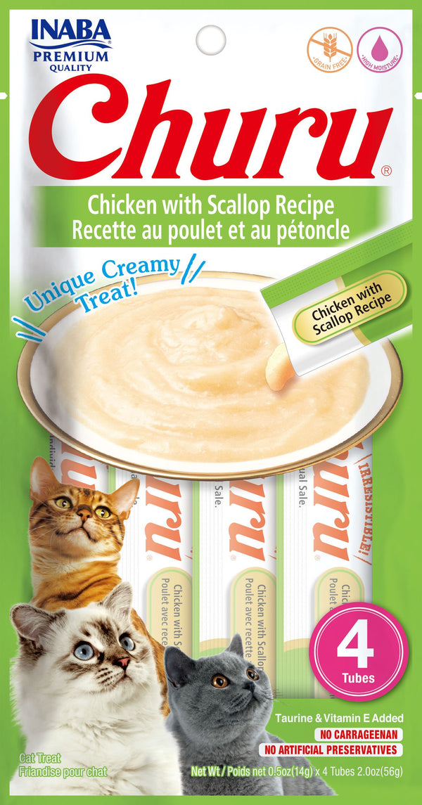INABA Churu Puree Chicken with Scallop Grain-Free Cat Treat, 0.5-oz, 4-pack