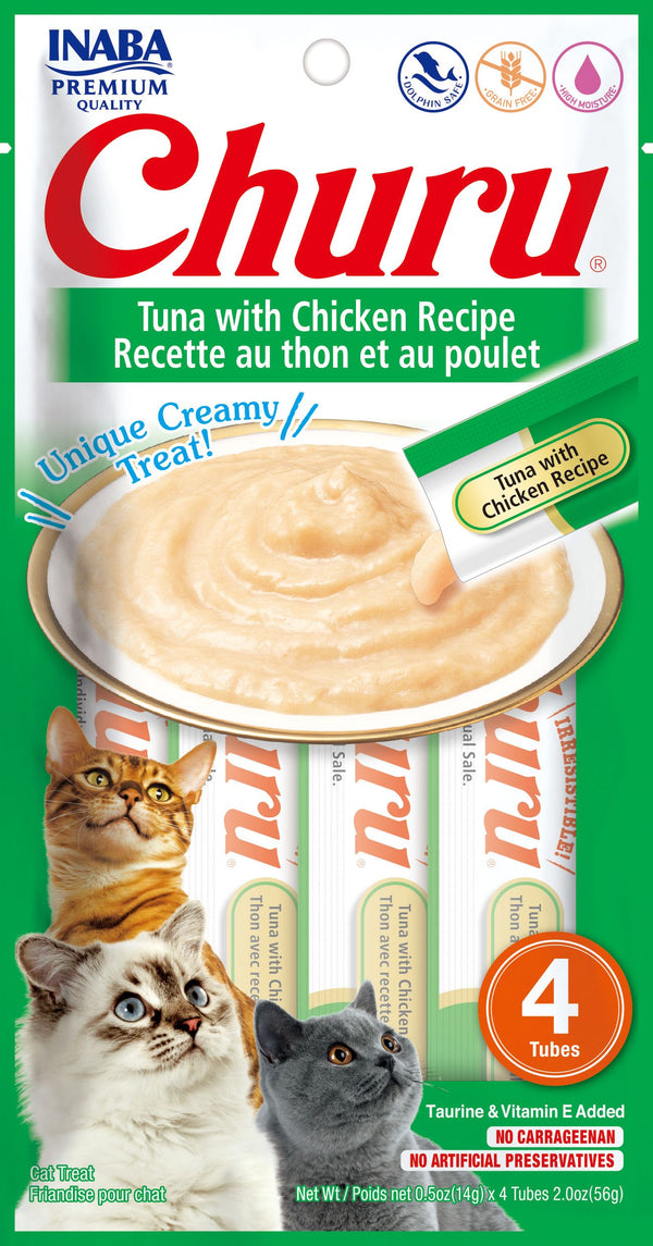 INABA Churu Purée Thon au Poulet Friandise sans céréales pour chats, 0,5 oz, paquet de 4