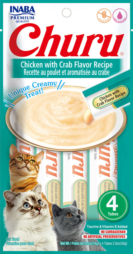 INABA Churu Puree Chicken with Crab Flavor Grain-Free Cat Treat, 0.5-oz, 4-pack