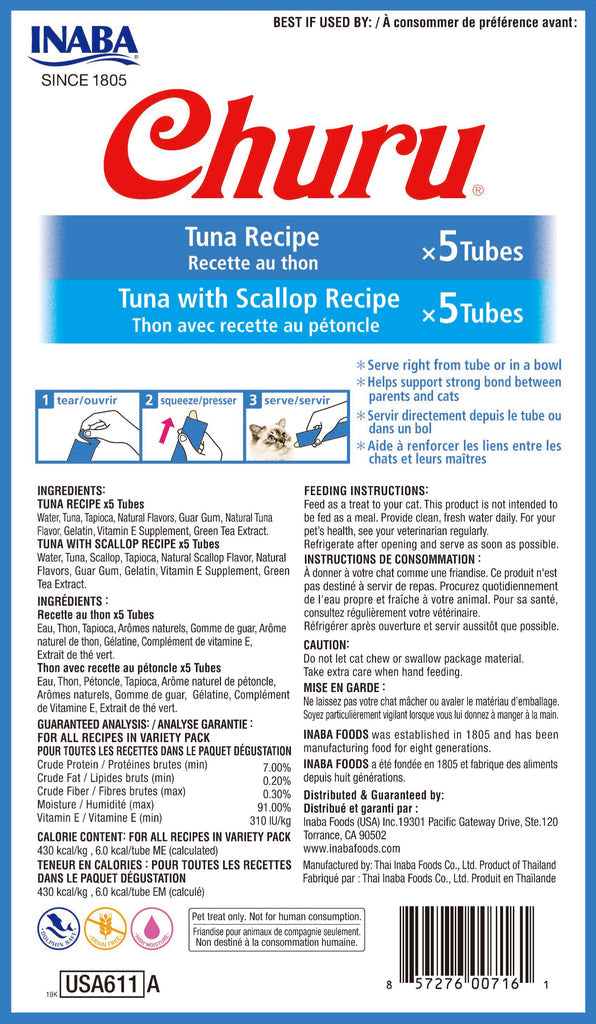 INABA Churu Puree Tuna Variety Pack Grain-Free Cat Treats, 0.5-oz, 10-pack