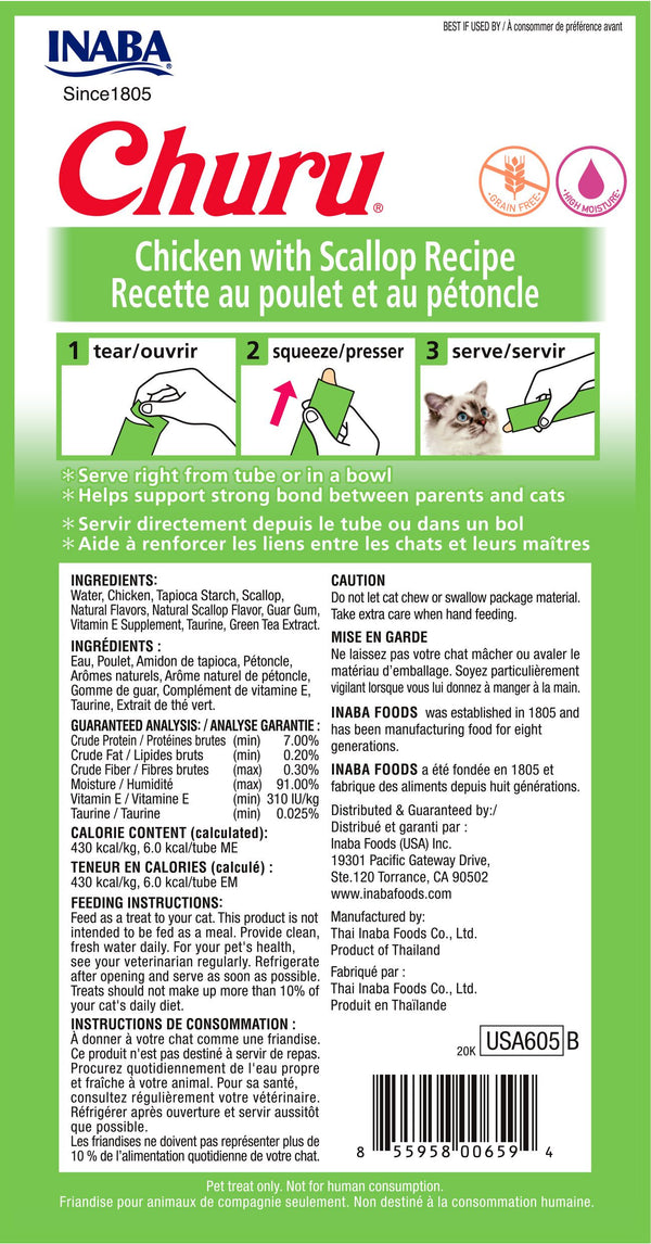 INABA Churu Puree Chicken with Scallop Grain-Free Cat Treat, 0.5-oz, 4-pack