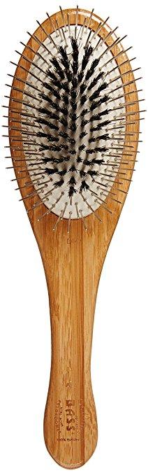 Bass Brushes Shine & Condition with Natural Bristle + Alloy Pin & Bamboo Handle Pet Brush, Dark/ Stripped, Medium Oval