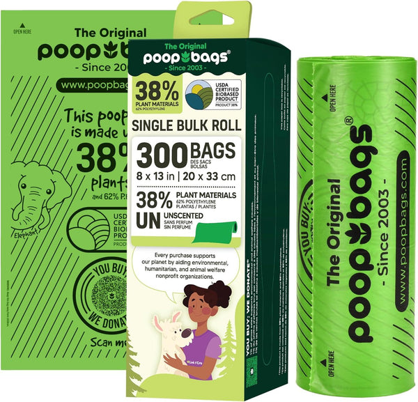 The Original Poop Bags 38% Plant Materials Dog Poop Bags, Single Bulk Roll, 300-count