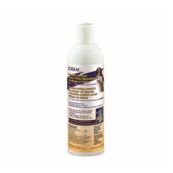 Zodiac Shampooing double action anti-puces et tiques pour chats et chiens, 355 mL.