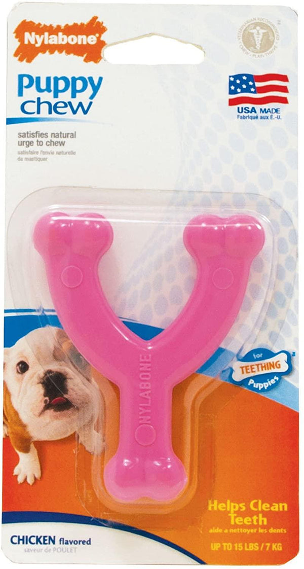 Nylabone Puppy Chew Wishbone Chicken Flavor Dog Toy, Pink
