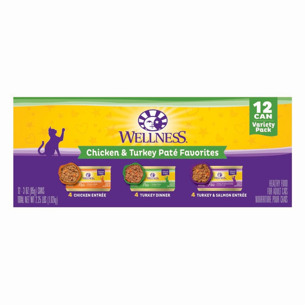 Wellness Complete Health Chicken & Turkey Pate Favorites Variety Pack Wet Cat Food Cans, 3-oz