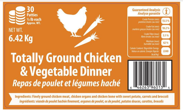 Totally Raw Pet Food Repas congelé totalement poulet haché et légumes pour chiens