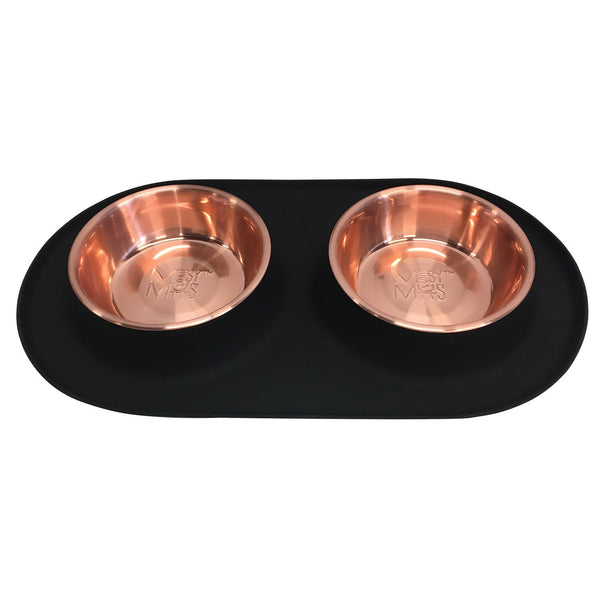 Messy Mutts Double Silicone Feeder with Copper-Colored Stainless Bowls for Dogs, Black