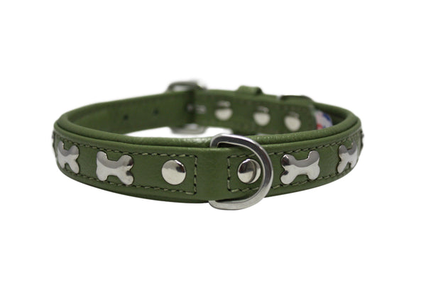 Angel Rotterdam Bones Dog Collar, Olive Green