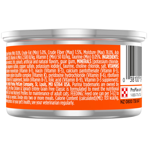 Purina Pro Plan Adulte Sans céréales Entrée classique au poulet et épinards Nourriture humide en conserve pour chats