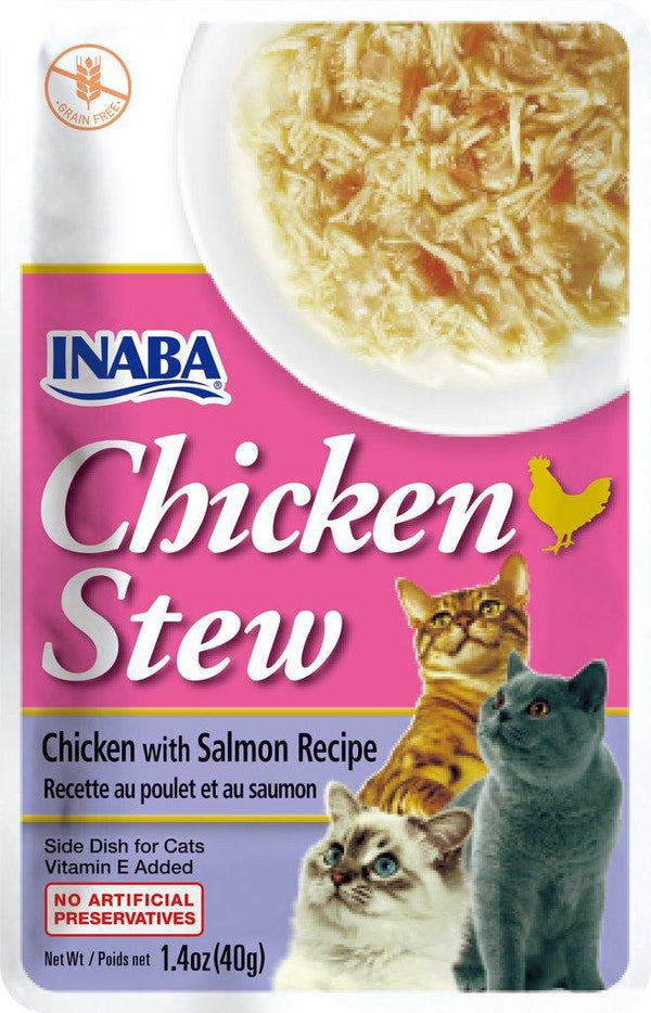INABA Ragoût de poulet Poulet avec saumon Plat d'accompagnement sans céréales pour chats