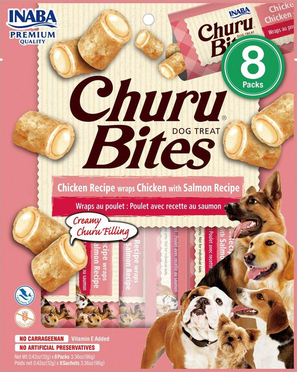 INABA Dog Churu Bouchées Poulet Enroulé de poulet avec saumon Friandises sans céréales pour chiens