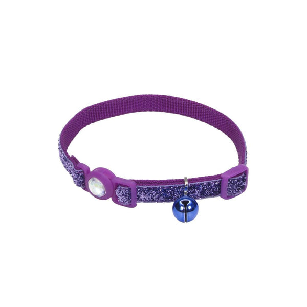 Safe Cat Jeweled Buckle with Glitter Overlay Adjustable Breakaway Cat Collar, Purple, 3/8-in x 8-12-in