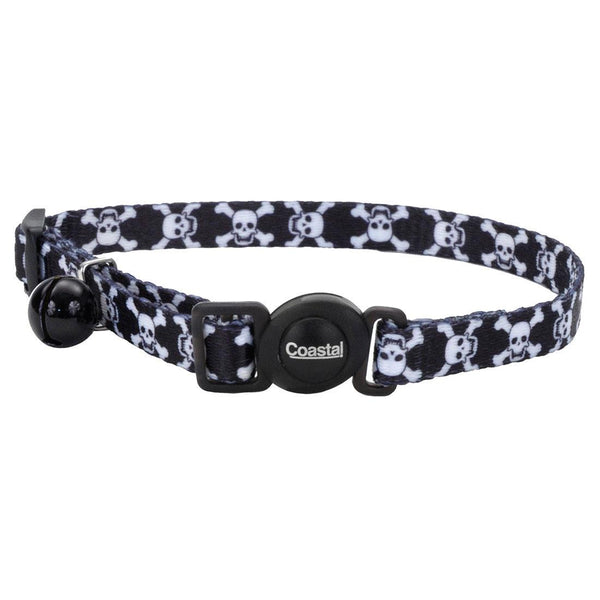 Safe Cat Fashion Adjustable Breakaway Cat Collar, Black Skulls, 3/8-in x 8-12-in