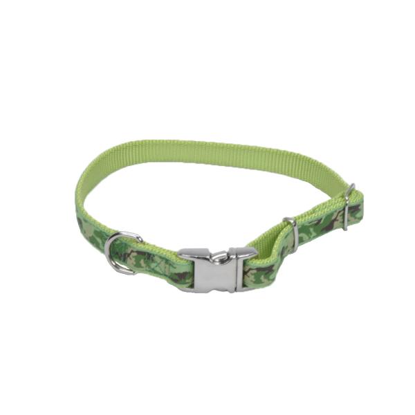Ribbon Adjustable Dog Collar with Metal Buckle, Lime Camo