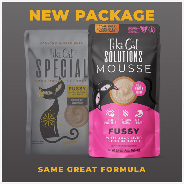 Tiki Cat Special FUSSY avec Foie de Canard et Oeuf dans un Bouillon Sachet de Nourriture Humide pour Chat