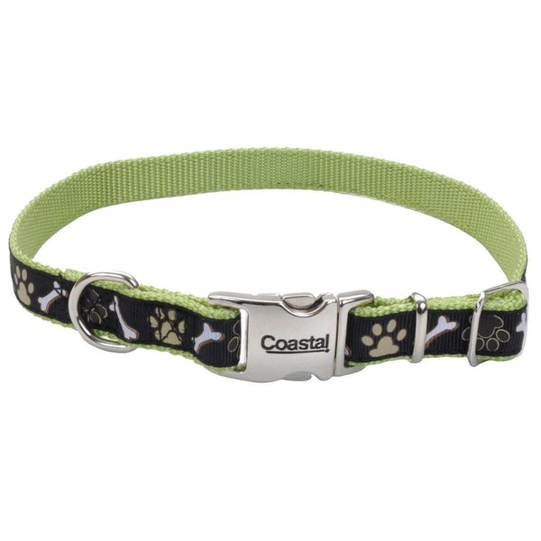 Collier pour chien ruban ajustable avec boucle en métal, pattes et os bruns