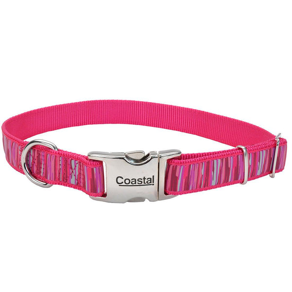 Ribbon Adjustable Dog Collar with Metal Buckle, Pink Flamingo Stripe