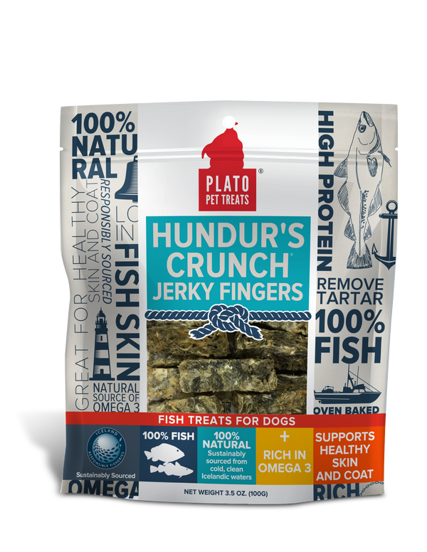 Plato Hundur's Crunch Fish Jerky Fingers Dog Treats, 3.5-oz