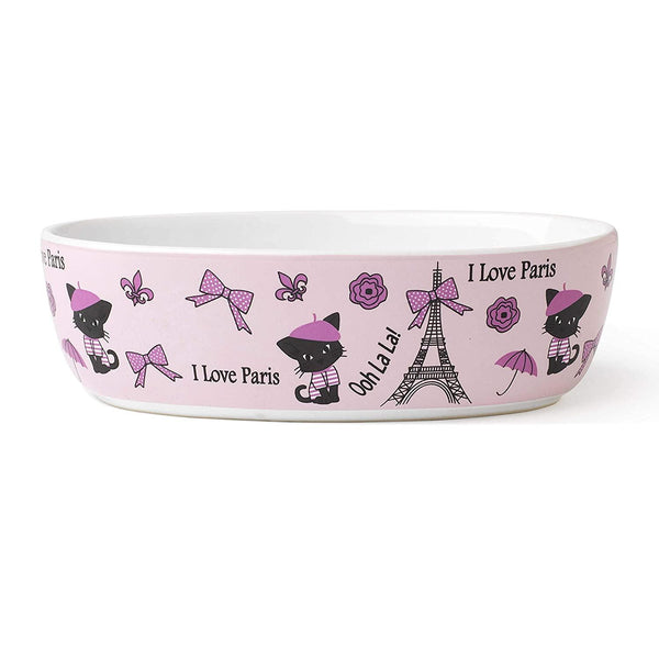 PetRageous Bol Ovale J'aime Paris pour Chat, Rose