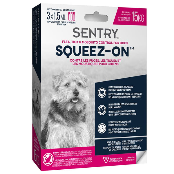 Sentry Squeez-On Contrôle des puces, tiques et moustiques pour chiens.