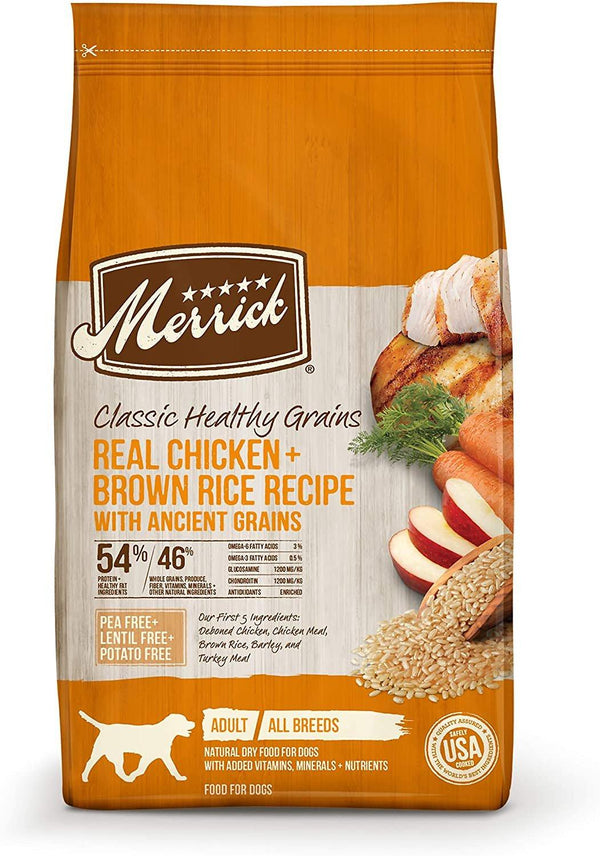 Merrick Classic Healthy Grains Recette au vrai poulet + riz brun avec grains anciens Croquettes pour chiens adultes