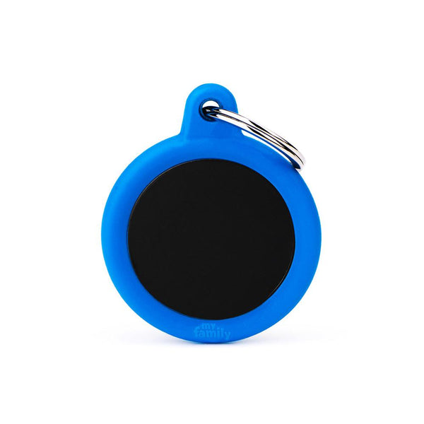 MyFamily Hushtag Circle Aluminum Rubber Pet ID Tag, Black/Blue, Medium