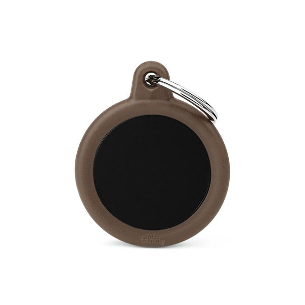 MyFamily Hushtag Circle Aluminum Rubber Pet ID Tag, Black/Brown, Medium