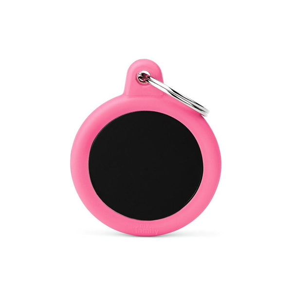 MyFamily Hushtag Circle Aluminum Rubber Pet ID Tag, Black/Pink, Medium