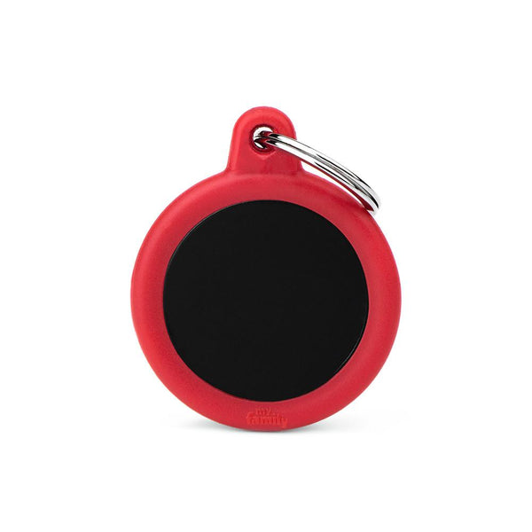 MyFamily Hushtag Circle Aluminum Rubber Pet ID Tag, Black/Red, Medium