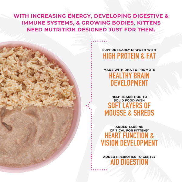 Tiki Cat Baby Mousse & Shreds Poulet, Saumon, Foie de Poulet Kitten Nourriture pour Chats en Conserve