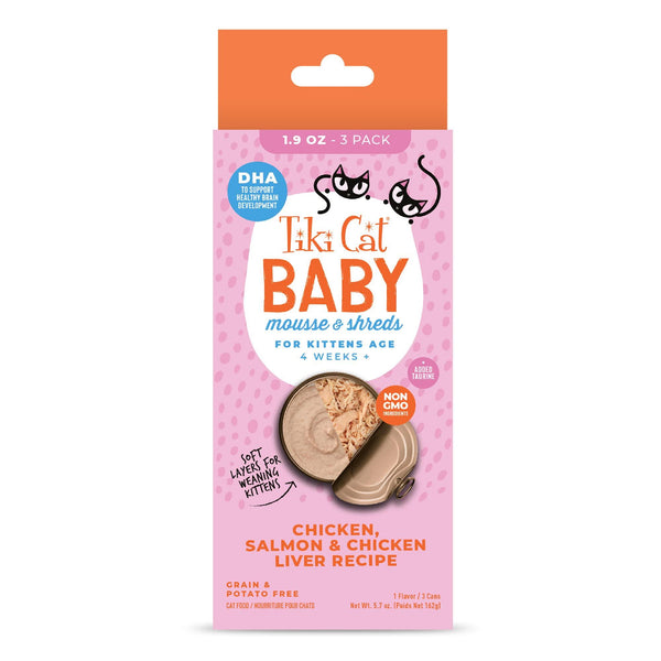 Tiki Cat Baby Mousse & Shreds Poulet, Saumon, Foie de Poulet Kitten Nourriture pour Chats en Conserve