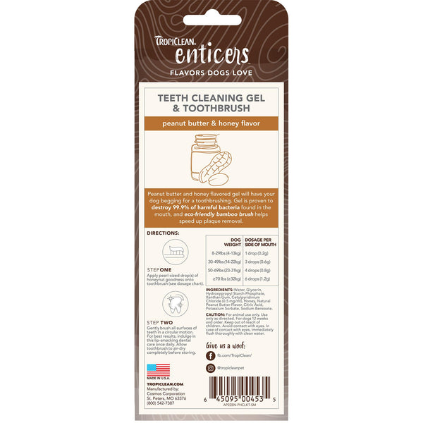 Tropiclean Enticers Peanut Butter & Honey Teeth Cleaning Gel & Toothbrush for Small & Medium Dogs
