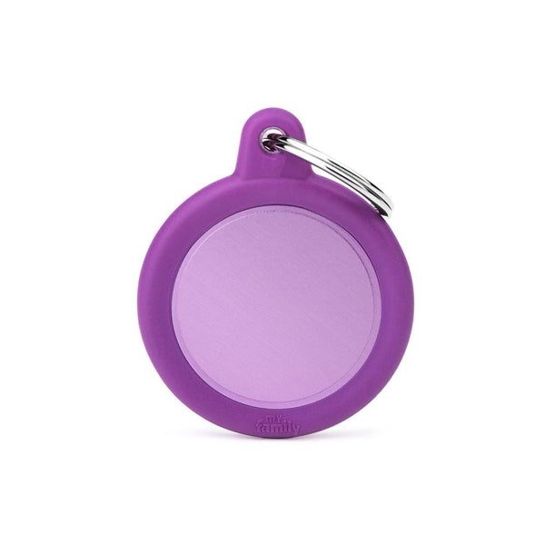 MyFamily Hushtag Circle Aluminum Rubber Pet ID Tag, Purple/Purple, Medium
