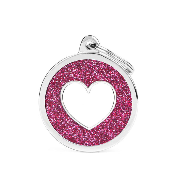 MyFamily Shine Glitter Circle Heart Pet ID Tag, Pink/White