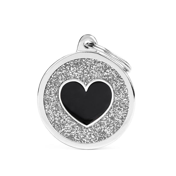 MyFamily Shine Glitter Circle Heart Pet ID Tag, Silver/Black