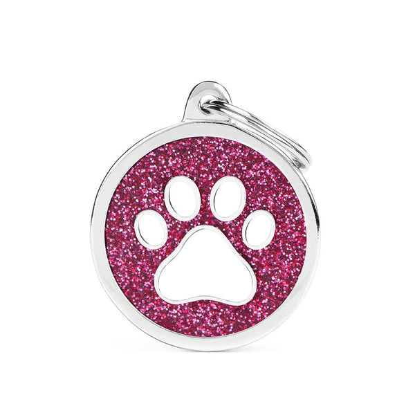 MyFamily Shine Glitter Circle Paw Pet ID Tag, Pink/White