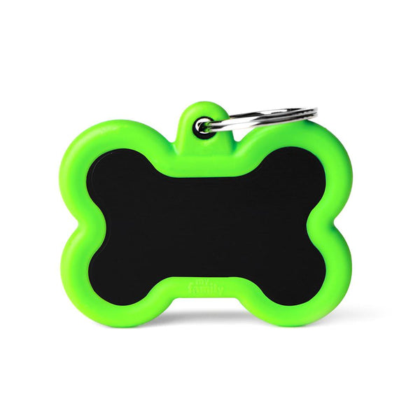 MyFamily Hushtag Bone Aluminum Rubber Pet ID Tag, Black/Green