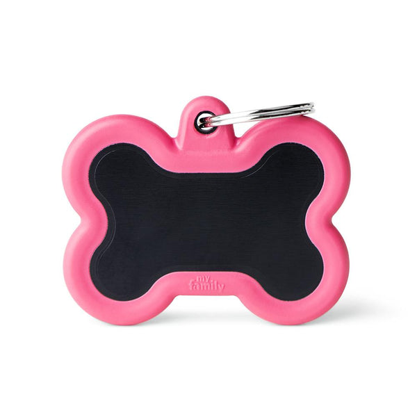 MyFamily Hushtag Bone Aluminum Rubber Pet ID Tag, Black/Pink