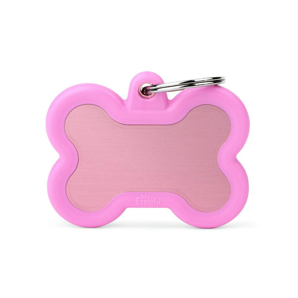 MyFamily Hushtag Bone Aluminum Rubber Pet ID Tag, Pink/Pink