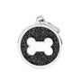 MyFamily Glitter Circle Bone Médaille d'identification pour animaux de compagnie, noir/blanc