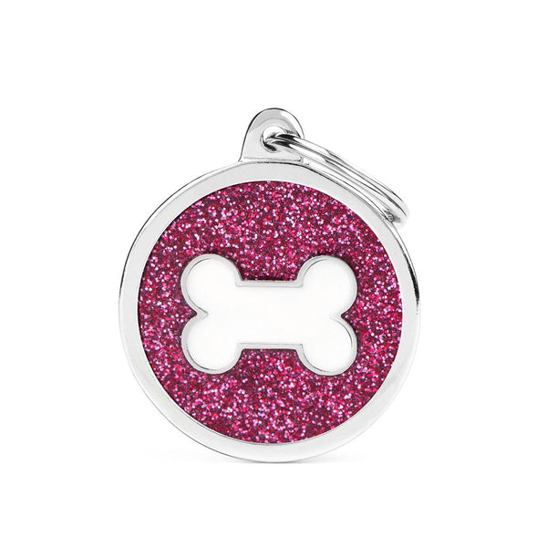 MyFamily Shine Glitter Circle Bone Pet ID Tag, Pink/White