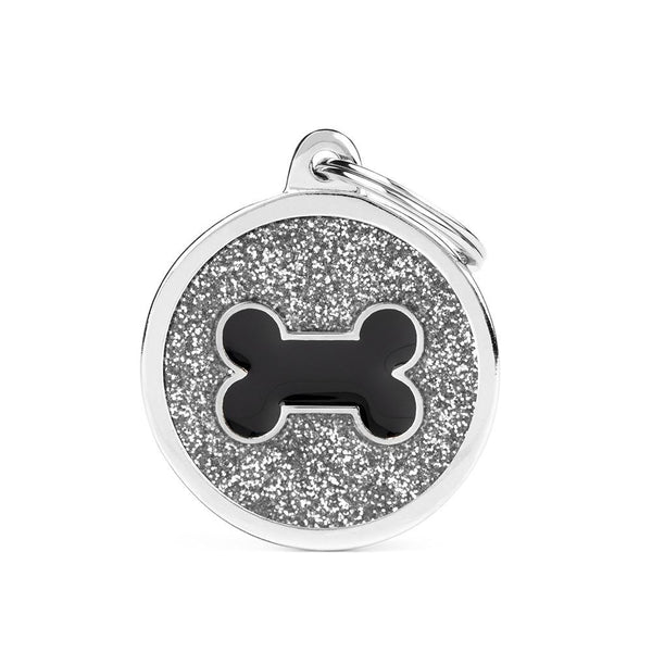 MyFamily Shine Glitter Circle Bone Pet ID Tag, Silver/Black