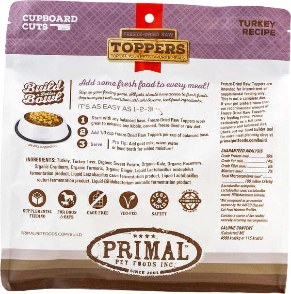 Primal Toppers Garniture alimentaire lyophilisée à base de dinde crue pour chiens et chats