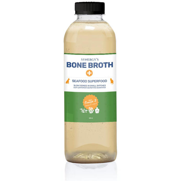 Totally Raw Pet Food Synergy Superaliment fruits de mer au bouillon d’os pour animaux.