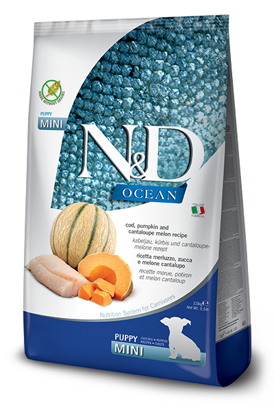Farmina N&D Ocean Morue, Citrouille & Melon Cantaloup Croquettes pour chiots Mini