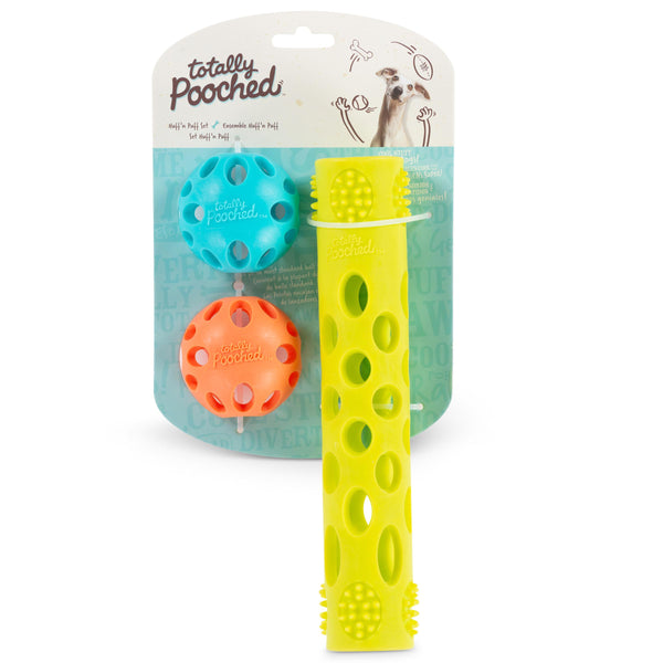 Messy Mutts Totally Pooched Huff'n Puff Two Ball & Stick Fetching Dog Toy Set