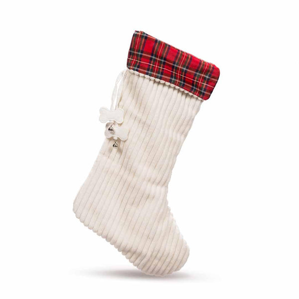 HuggleHounds Off-White Corduroy Stocking with Tartan Plaid Cuff Dog Toy