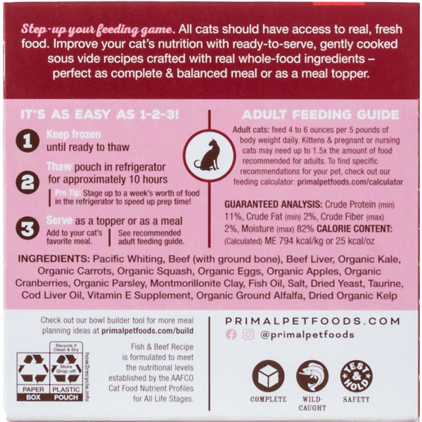 Primal Recette poisson et bœuf doucement cuite sous vide nourriture surgelée pour chat, 4 oz